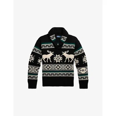 POLO RALPH LAUREN MENS PRINTED SHAWL-COLLAR WOOL-BLEND JUMPER BLACK COMBO