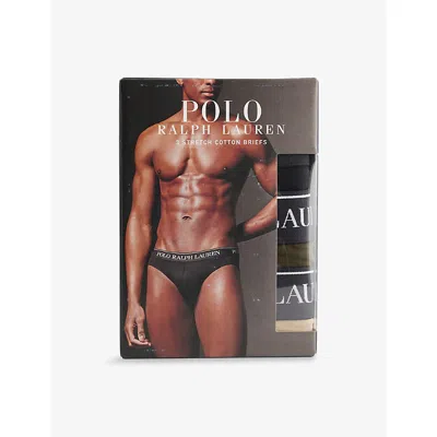 Polo Ralph Lauren Mens  Low-rise Branded-waistband Pack Of Three Stretch-cotton Briefs In Blk/armdlo/clsc Khki
