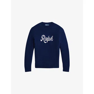 POLO RALPH LAUREN MENS CREWNECK LOGO-MOTIF WOOL AND ALPACA JUMPER BLUE
