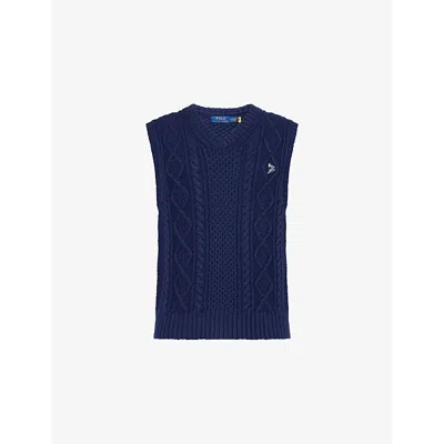 Polo Ralph Lauren Mens Embroidered-branding V-neck Cotton Cable-knit Vest Blue