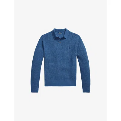 Polo Ralph Lauren Mens Blue Logo-embroidered Waffle-knit Wool And Cotton-blend Polo Jumper