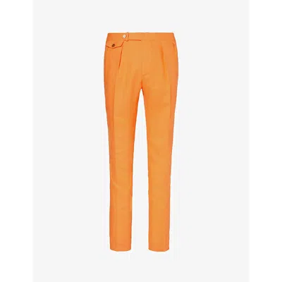 Polo Ralph Lauren Mens Bright Orange Pleated Straight-leg Slim-fit Linen Trousers