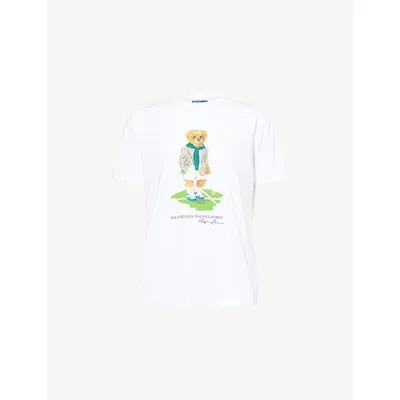 Polo Ralph Lauren Mens Ceramic White  X Wimbledon Tennis Bear Graphic-print Cotton-jersey T-shirt