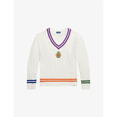 Polo Ralph Lauren Mens Cream Combo Crest-embroidered Cable-knit Cotton And Linen Jumper Xl In White