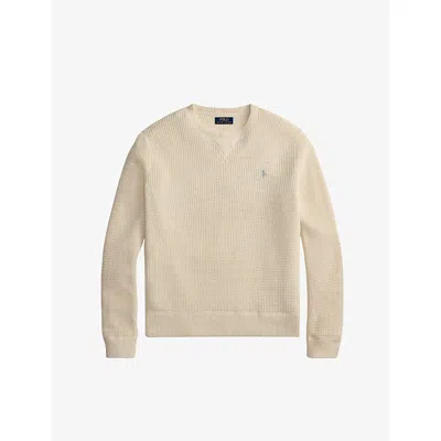 Polo Ralph Lauren Mens Cream Waffle Logo-embroidered Cotton And Wool-blend Jumper In White