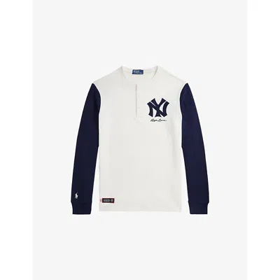 POLO RALPH LAUREN MENS DECKWASH WHITE/NAVY YANKEES LOGO-EMBROIDERED COTTON RUGBY T-SHIRT