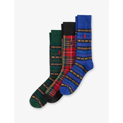 Polo Ralph Lauren Mens Fair Isle Stretch Cotton-blend Socks Pack Of Three Black Multi