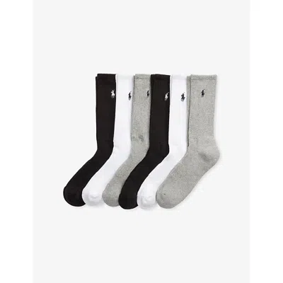 Polo Ralph Lauren Mens Logo-embroidered Cotton-blend Crew Socks Pack Of Six Grey Assorted In Multi