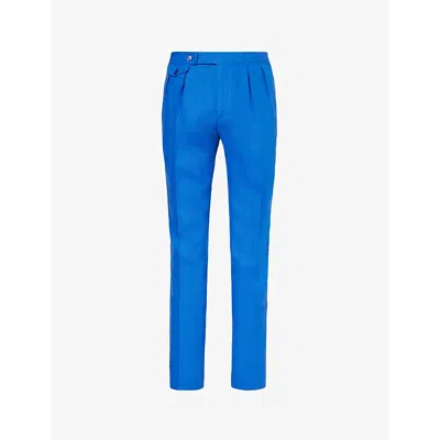 Polo Ralph Lauren Mens Heritage Blue Pleated Straight-leg Slim-fit Linen Trousers