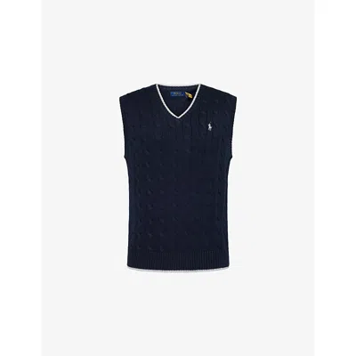 Polo Ralph Lauren Mens Hunter Navy Combo Logo-embroidered V-neck Knitted Cotton Vest Xl