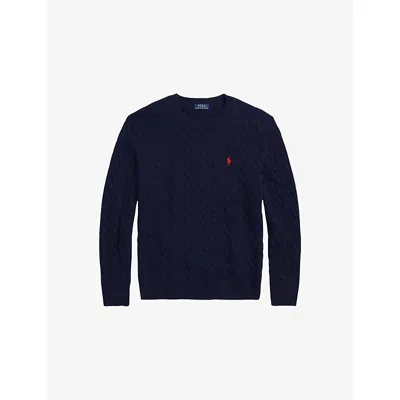 POLO RALPH LAUREN MENS HUNTER NAVY CREWNECK CABLE-KNIT WOOL AND CASHMERE JUMPER XXL