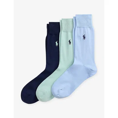 Polo Ralph Lauren Mens Logo-embroidery Pack Of Three Cotton-blend Socks Lt Blue/pale Blue/navy