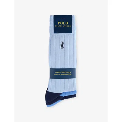Polo Ralph Lauren Mens Lt Blue/navy Logo-embroidered Pack-of-three Stretch-woven Crew Socks