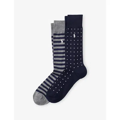 Polo Ralph Lauren Mens Navy Striped And Dotted Pack Of Two Cotton-blend Socks In Blue