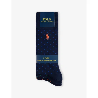 Polo Ralph Lauren Mens Navy/orange Polka-dot Pack-of-three Stretch-cotton Crew Socks In Multi