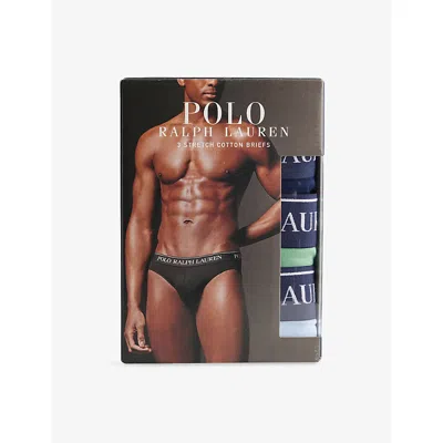 Polo Ralph Lauren Mens  Low-rise Branded-waistband Pack Of Three Stretch-cotton Briefs In Navy/pistachio/off Blue