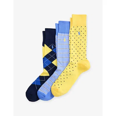Polo Ralph Lauren Mens Navy/yellow/blue Argyle, Striped And Dotted Pack Of Three Cotton-blend Socks In Multi