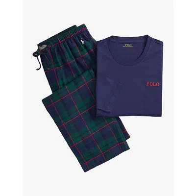 Polo Ralph Lauren Mens Nvy/gren/blu Multi Plaid Polo Bear Embroidered Cotton Jersey And Plaid Flannel Pyjama Set Xl
