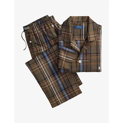 Polo Ralph Lauren Mens Olive Brown Multi Checked Embroidered-logo Cotton Pyjama Set Xl