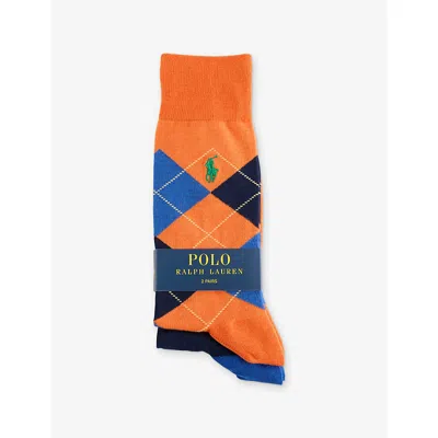 Polo Ralph Lauren Mens Orange/navy Argyle Logo-embroidered Pack-of-two Stretch-cotton Crew Socks In Multi