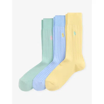 Polo Ralph Lauren Mens Pack Of Three Ribbed Cotton-blend Socks Yellow/blue/pale Blue