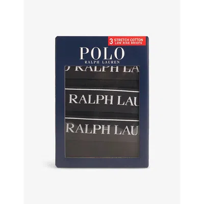 Polo Ralph Lauren Mens  Logo-waistband Low-rise Pack Of Three Stretch-cotton Briefs In Pol Blk/pol Blk/pol Blk