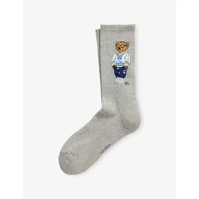 Polo Ralph Lauren Mens Grey H Polo Bear-intarsia Stretch Cotton-blend Socks In Gray
