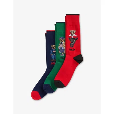 Polo Ralph Lauren Mens Polo Bear Stretch Cotton-blend Socks Pack Of Three Olive Multi