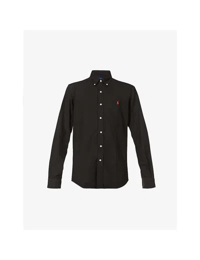 POLO RALPH LAUREN MENS POLO BLACK LONG-SLEEVED GARMENT-DYED CUSTOM-FIT COTTON OXFORD SHIRT,40943636