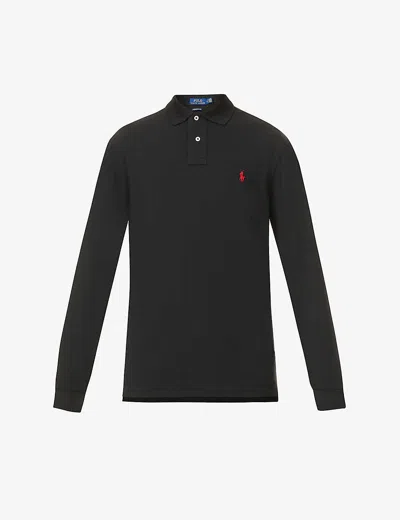 POLO RALPH LAUREN MENS POLO BLACK LONG-SLEEVED LOGO-EMBROIDERED CUSTOM SLIM-FIT COTTON-PIQUÉ POLO SHIRT,40943265