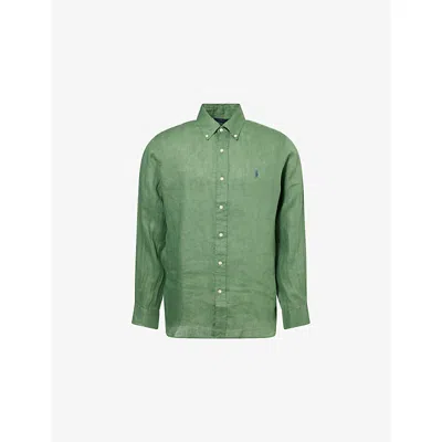 Polo Ralph Lauren Mens Fatigue Brand-embroidery Button-down Linen Shirt In Green