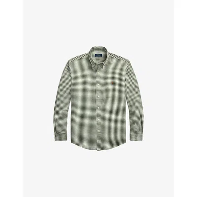 Polo Ralph Lauren Mens Grn/white Checked Logo-embroidered Cotton Sport Shirt In Gray