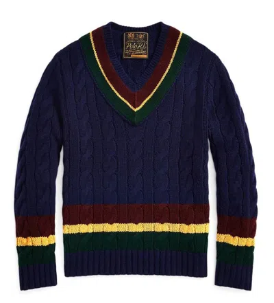 Pre-owned Polo Ralph Lauren Mens  Cricket Cable Knit Wool Cashmere Pullover Sweater L In Blue