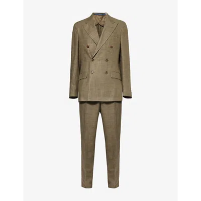 Polo Ralph Lauren Mens  Double-breasted Check Silk-linen Suit In Olive/tan