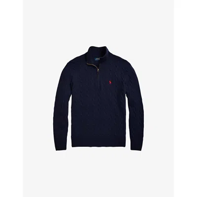 POLO RALPH LAUREN MENS HUNTER NAVY LOGO CABLE-KNIT WOOL AND CASHMERE JUMPER XXL