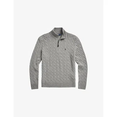 POLO RALPH LAUREN MENS FAWN GREY HEATHER LOGO CABLE-KNIT WOOL AND CASHMERE JUMPER
