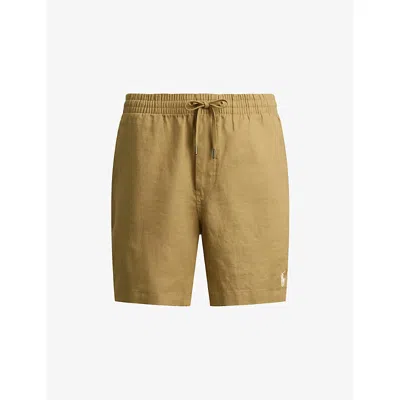 Polo Ralph Lauren Mens Cafe Tan Logo-embroidered Linen Shorts Xxl In Brown