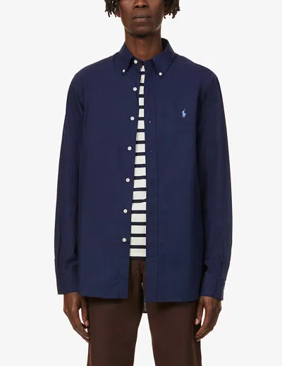 POLO RALPH LAUREN MENS NEWPORT NAVY LONG-SLEEVED LOGO-EMBROIDERED CUSTOM-FIT STRETCH COTTON-POPLIN SHIRT,41403113