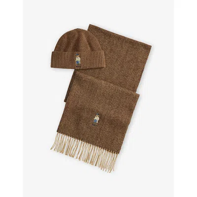 Polo Ralph Lauren Mens Polo-bear Knitted Wool Beanie And Scarf Set Brown Heather
