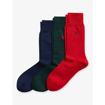 Polo Ralph Lauren Mens Red/navy/hunter Logo-embroidered Stretch Cotton-blend Socks Pack Of Three In Black