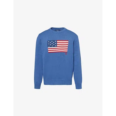 Polo Ralph Lauren Mens Flag-embroidered Crew-neck Cotton Jumper Sea Salt Blue Hthr