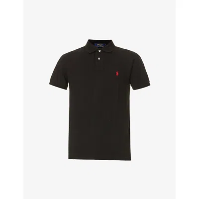 POLO RALPH LAUREN MENS POLO BLACK SHORT-SLEEVED LOGO-EMBROIDERED SLIM-FIT COTTON-PIQUÉ POLO SHIRT
