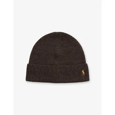 Polo Ralph Lauren Mens Signiture Pony Knitted Wool Blend Beanie Dark Brown Hthr In Black