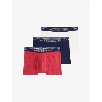 Polo Ralph Lauren Mens Sun Red Aopp/wht/cr Navy Classic Pack Of Three Cotton-jersey Trunks Xl