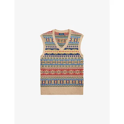 Polo Ralph Lauren Mens Tan Combo Fair Isle Sleeveless Cotton And Linen Jumper Xl In Brown