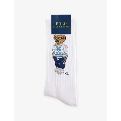 Polo Ralph Lauren Mens  Bear-intarsia Ribbed Stretch-cotton Crew Socks In White