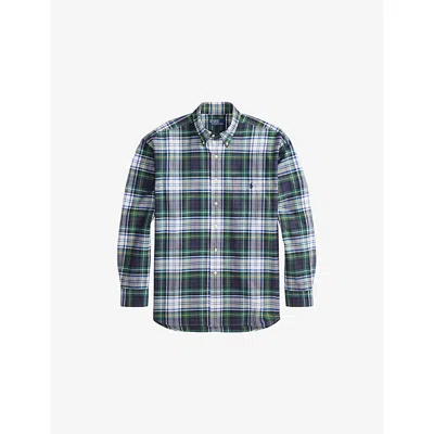 POLO RALPH LAUREN MENS WHITE/GREE CHECKED LOGO-EMBROIDERED COTTON SHIRT