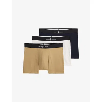 Polo Ralph Lauren Mens White/rl Khaki/col Navy Branded Set Of Three Cotton-blend Trunks In Multi