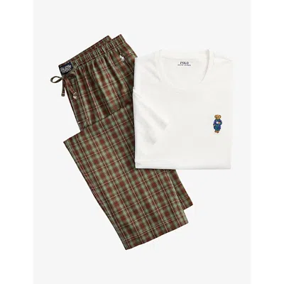 Polo Ralph Lauren Mens Whte/brwn/turq Mlti/plad Polo Bear Embroidered Cotton Jersey And Plaid Flannel Pyjama Set