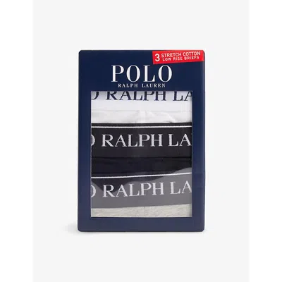 Polo Ralph Lauren Mens  Branded-waist Stretch-cotton Briefs Pack Of Three In Wht/pol Blk/andvr Htr